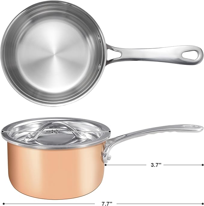 Mini Sauce Pan with Lid, Tri-Ply Stainless Steel Pot with Stay-Cool Handle & All Cooktop Compatibility (Gas, Ceramic, Electric) - Copper