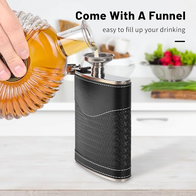 Hip Flasks for Men Leather Hip Flask Gift Set,Hip Flask 304 Stainless Steel Flask Set w/Funnel Shot Glasses Gift for Whiskey Rum Groomsman Best Man Usher Wedding-Leather Stripe Black-8oz