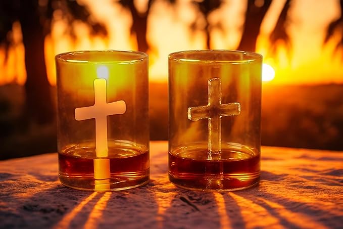 Crucifix Whiskey Glass – Premium Christian Cross Religious Glass, Old Fashioned Glass, Liquor – Luxurious Gold Rim – Home Bar Accessories Ideal for Man Cave, Fun Gift, Christian Gift, Religious Gift