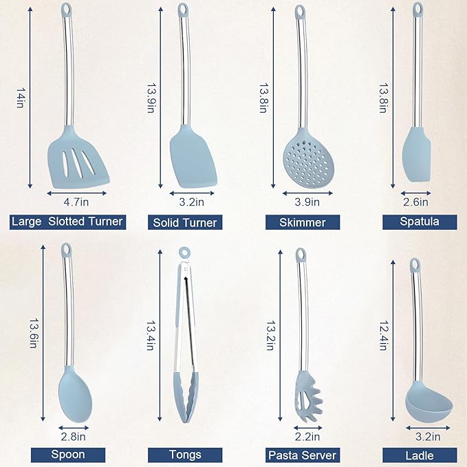 8PCS Kitchen Utensils Set, Vayvnt Heat Resistant Silicone Utensils Set for Cooking, Non Scratch Spatula Spoons for Non Stick Pan, Large Kitchen Cooking Tools, Metal Long Handle&Dishwasher Safe, Blue