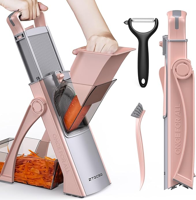 2025 [All in 1] Upgraded Version Safe Mandoline Slicer for Kitchen, Adjustable Thickness. Veggie Slicer, Rapid Prep Mandoline, Detachable Blade, with Cleaning Brush/Paring Knife (GrayPink)