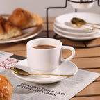 Lareina 3-Ounce Espresso Cups with Saucers, Spoons and Metal Stand, Small Stackable Coffee Cups Set of 4, Ceramic Demitasse Mugs, White