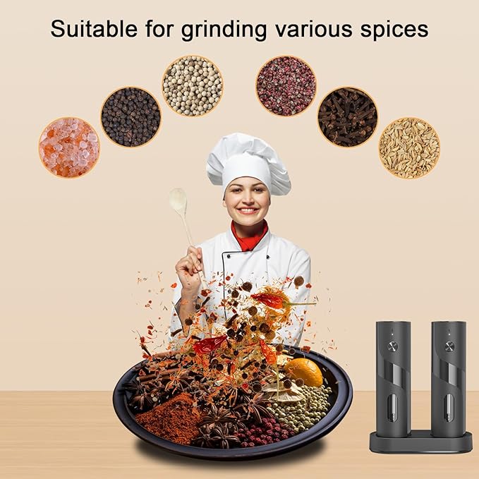 Electric Salt and Pepper Grinder Set with Charging Base，Matte Automatic Pepper Grinder Set Top-Refill, Flexible Coarsenes, 110ml Larger Capacity with LED Light for Home Kitchen (2 pack)