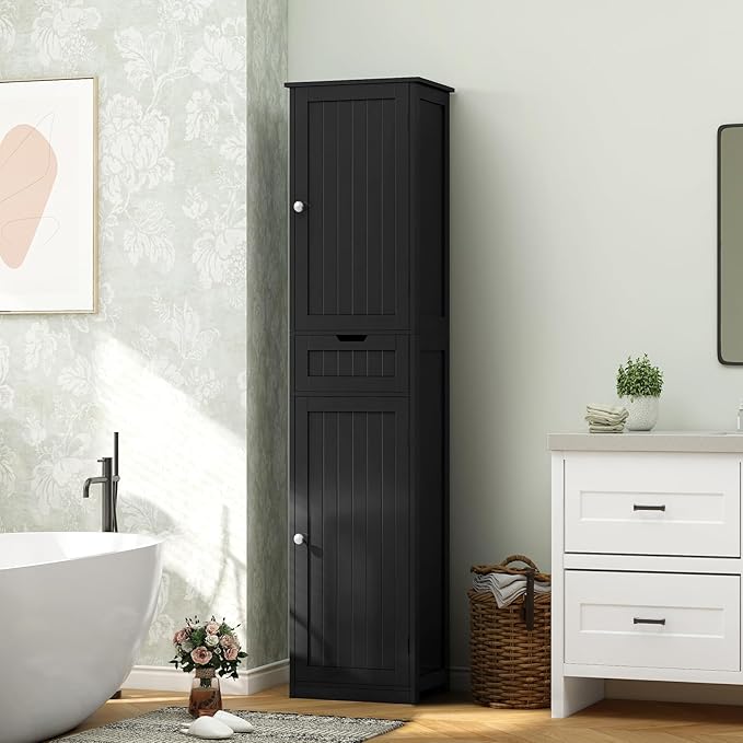 Iwell Tall Black Bathroom Cabinet with 2 Doors and 1 Drawer, Bathroom Storage Cabinet with Adjustable Shelves, Narrow Storage Unit for Living Room, Entryway, Kitchen, Black