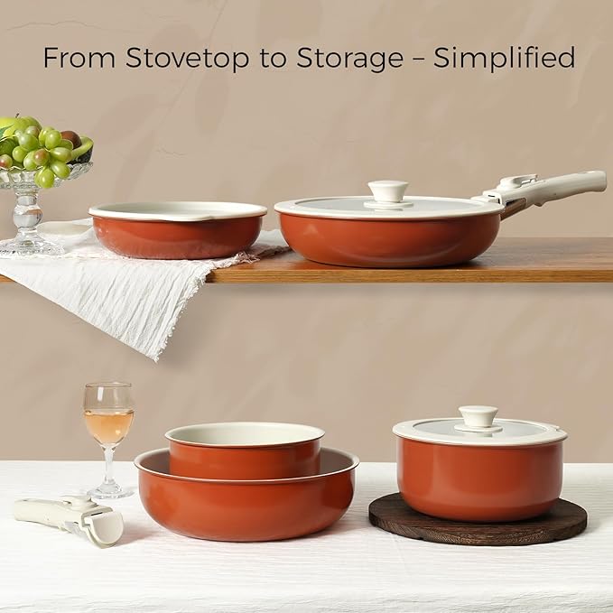 15Pcs Pots and Pans Set Non Stick, Cookware Sets with Detachable Handle, Nonstick RV Kitchen Cooking Tools Removable Handles, Oven Safe, Induction Fast, Stackable Induction Cookware, Tangerine