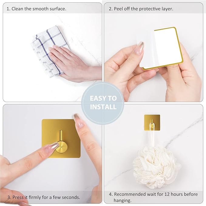 VIS'V Adhesive Towel Hooks, Waterproof Shower Wall Stick on Hooks, Gold, 4 Pcs