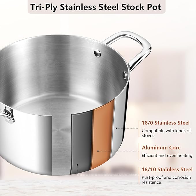 Cooking Stock Pot with Lid, 4.5 Quart Heavy Duty Tri-ply 18/10 Stainless Steel Soup Pot for Pasta Vegetable Steaming and Stewing, Induction Compatible & Dishwasher Safe