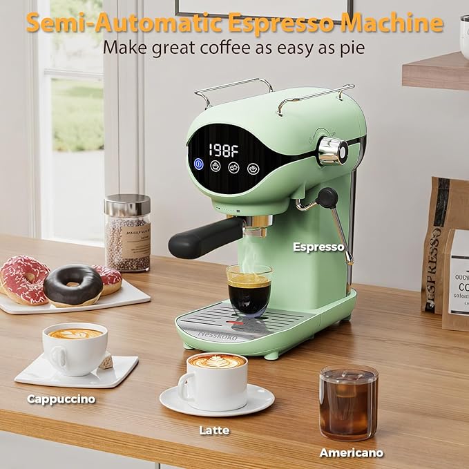 Espresso Machine with Steam Milk Frother Semi Automatic 20 Bar Compact Green with Touch Screen for home Cafetera Espresso, Latte, Cappuccino, Americano, Macchiato