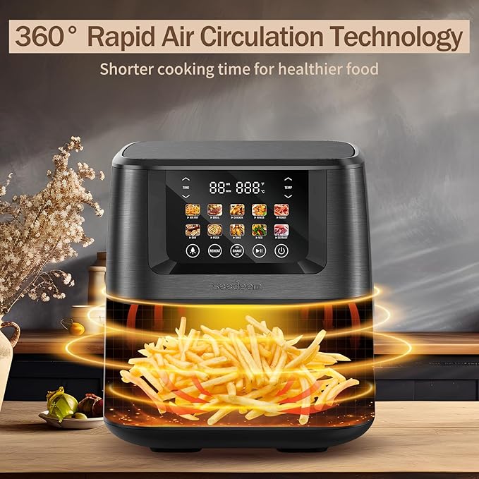 SEEDEEM Max XL Air Fryer 8QT, 10-in-1 Digital Air Fryer Oven with Color Touchscreen & Viewing Window, Toaster Oven Combo for Broil, Roast, Dehydrate, Bake – Black