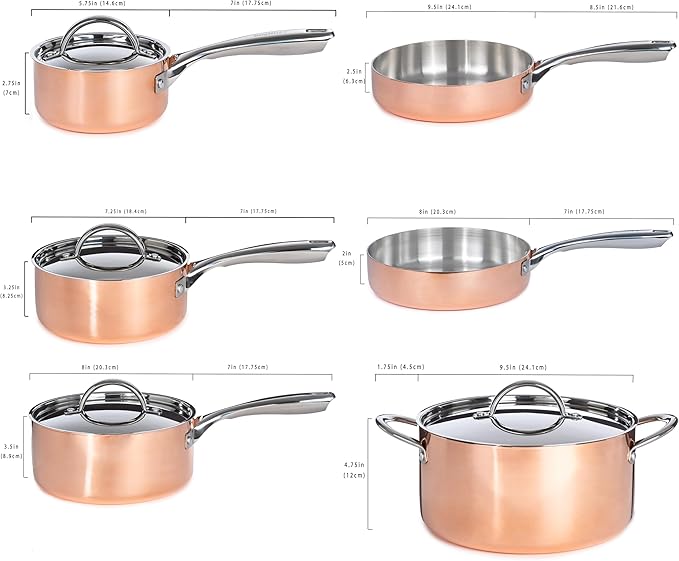 BergHOFF Vintage 10Pc Tri-Ply Copper 18/10 Stainless Steel Cookware Set With Matching Lids, Polished, Long Ergonomic Shaped Handle, 3-layer Base, Gold