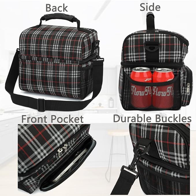 FlowFly Double Layer Cooler Insulated Lunch Bag Adult Lunch Box Large Tote Bag for Men, Women, With Adjustable Strap,Front Pocket and Dual Large Mesh Side Pockets