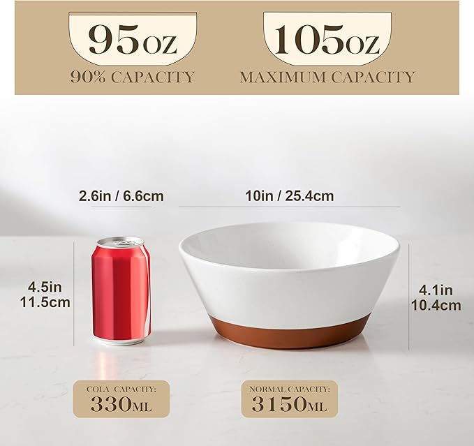 MALACASA Serving Bowls, 105oz Large Salad Bowls for Party, Entertaining, Big Ceramic Bowls for Soup, Fruit and Pho, 2-Pc Wide Bowl Set, White & Brown