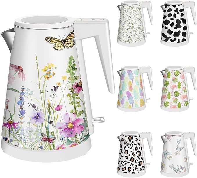 1.2L Double Wall Stainless Steel Interior Water Boiler, Cordless, 1000W Fast Boil with LED Light Coffee Pot & Tea Electric Kettle, Auto Shut-Off and Boil-Dry Protection (Chroma Blossom)