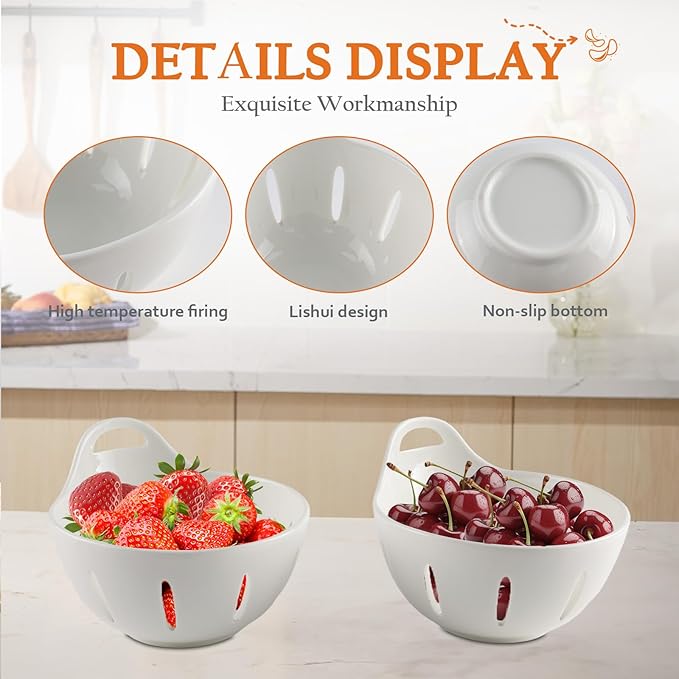 Ceramic Berry Basket,5.9 inch Fruit Bowl,Round Berry Colander with Holes & Handle,Small Fruit Basket for Kitchen Counter,Cute Containers for Berries, Strawberry, Grape, Cherry,Set of 2