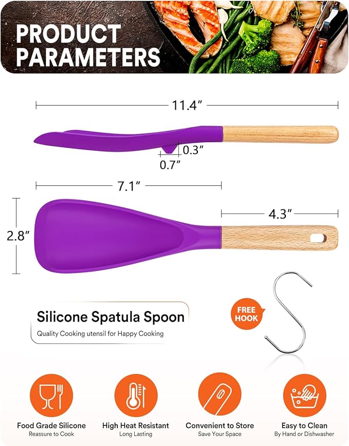 Cooking Spoon for Nonstick Cookwares, Great for Cooking and Serving Sturdy BPA-Free Matte Silicone, Wood Handle Spoon for Mixing, Scoop, and Scrape (BERRY)