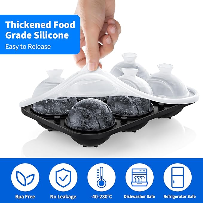 6 Chamber 2.2" 3D Tennis Gifts Ice Cube Tray With Funnel,Large Round Ice Ball Maker Mold Silicone Fun Shapes Bourbon Sphere Ice Molds,For Chilling Whiskey,Cocktails,Bourbon,Brandy and Beverages