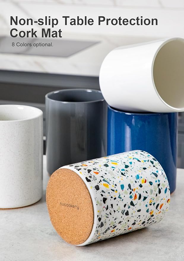 Nucookery Utensil Holder, 6.4" Ceramic Kitchen Utensil Holder for Countertop with Protection Cork Bottom, Vintage Farmhouse Kitchen Decor for Counter, Gift (Marble Pattern)