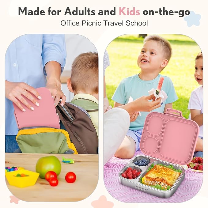 Stainless Steel Bento Box Kids, Leak Proof Metal Bento Lunch Box,3 Compartments 304 Stainless Steel Bento Lunch Containers for School and Office,Dishwasher Safe, BPA-Free(Pink)