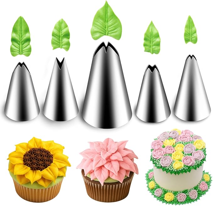 Suuker Leaf Piping Tips, 5 Pieces Stainless Steel Piping Tips, Cake Decorating Supplies, DIY Baking Supplies Cake Decorating Tools