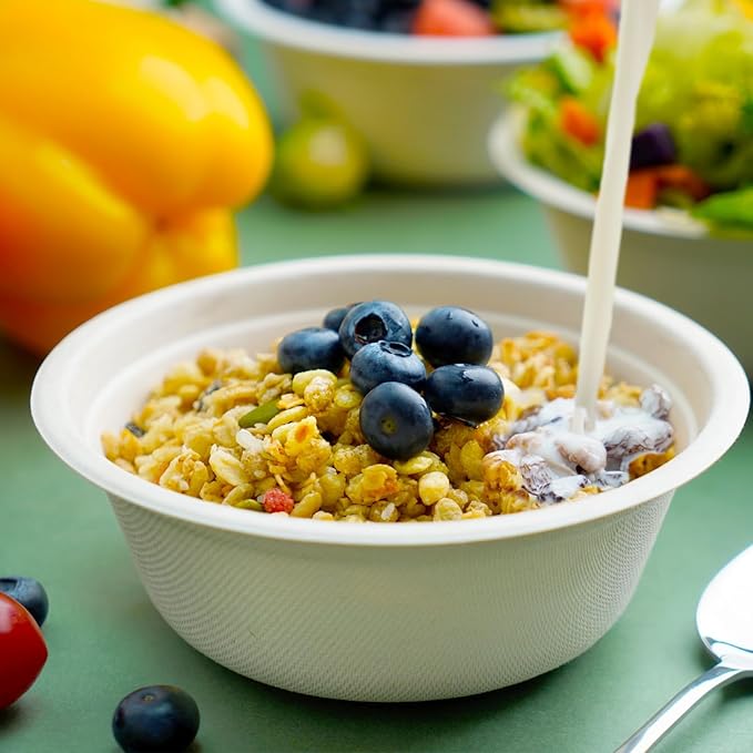 200 Count 16 oz Paper Bowls, Disposable Compostable Bowls, Heavy Duty Biodegradable Sugarcane Bagasse Bowl for Breakfast, Salad, Snacks, Fruits, Desserts, White