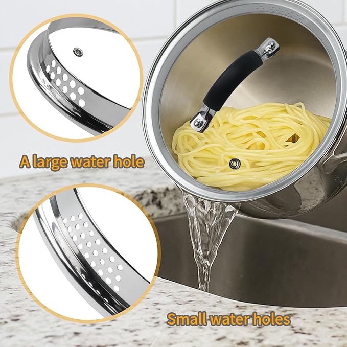 Woogim Thickened Stainless Steel Saucepan Milk Pot Glass Lid Included,Ergonomic Curved Handle with Strainer Holes and Pour Spout,2 Quart Sauce Pan,Suitable for Various Cooking Needs