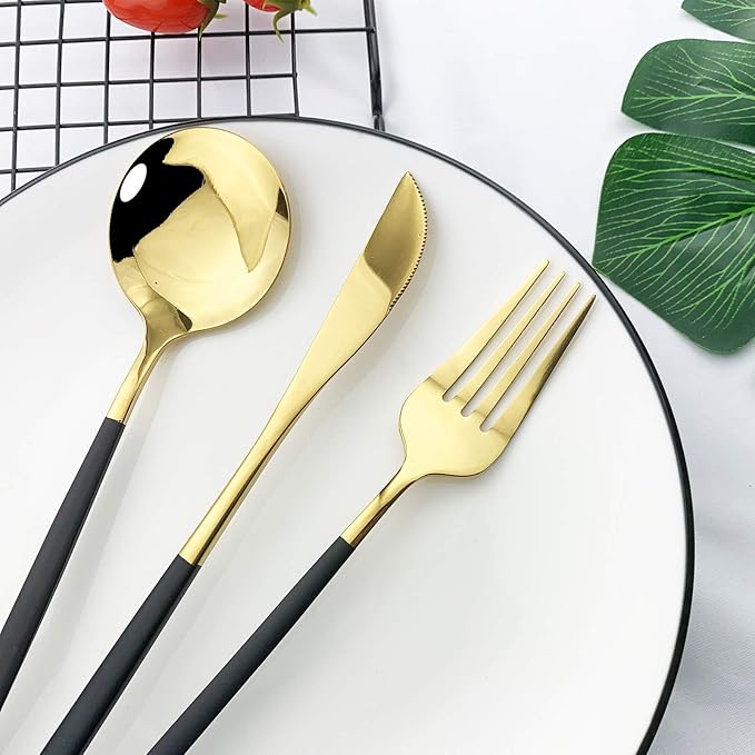 JASHII Flatware Serving Set 24 Piece, Stainless Steel Silverware Set, Titanium Black Gold Cutlery Set, Modern Elegant Tableware Set for Party, Christmas, Dinner (Black Gold)