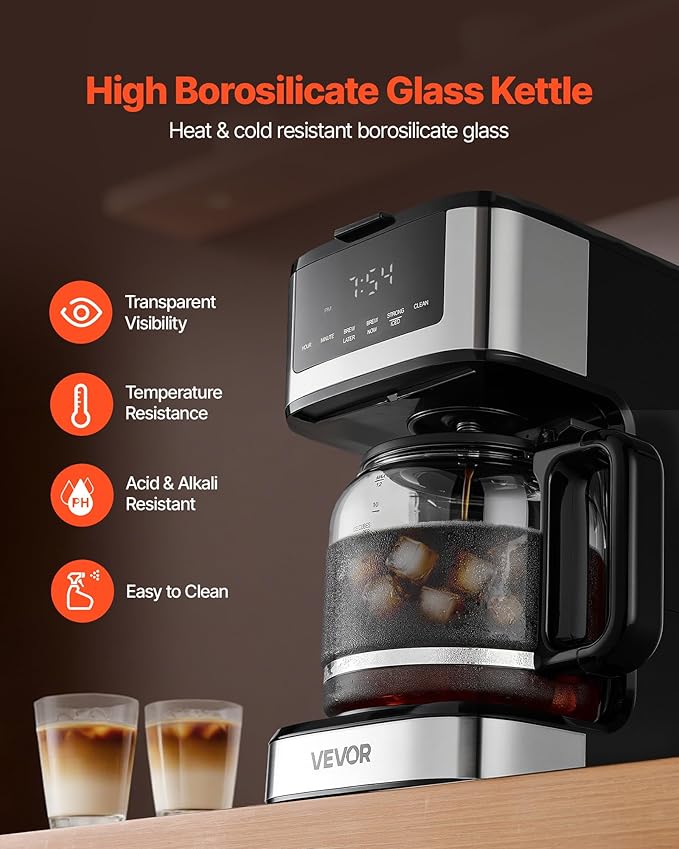 VEVOR Programmable Coffee Maker, 12 Cup Programmable Drip Coffee Makers with Touch Screen, 4-Hour Keep Warm Coffee Makers Drips, 2 Brew Strengths Drip Coffee Machine for Home, 24-Hour Programmable