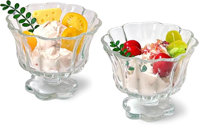 Ice Cream Bowls Drinking Glass Cups Set of 2 (Transparent), Flower Petal Style Glasses, 8.5oz, Suitable for Ice cream, Cocktails, Dessert & More.