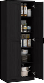 HOMCOM 63" 2-Door Kitchen Pantry, Freestanding Storage Cabinet with 5-Tier Shelving and 2 Adjustable Shelves for Dining Room, Black Wood Grain