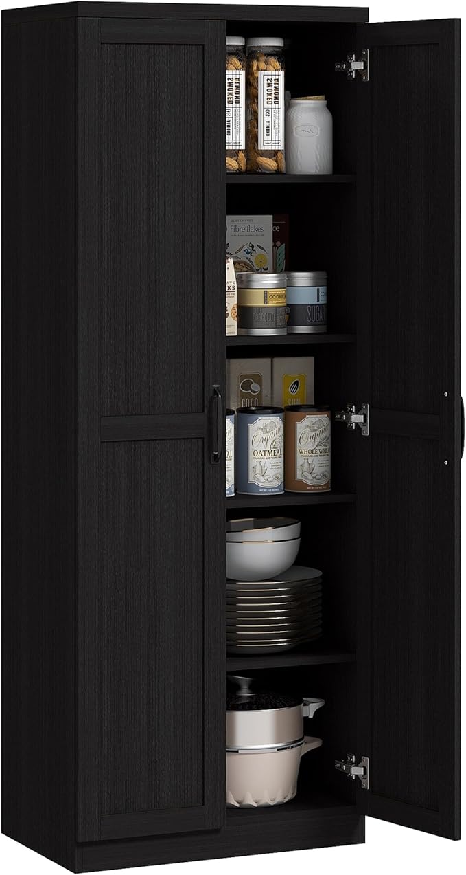 HOMCOM 63" 2-Door Kitchen Pantry, Freestanding Storage Cabinet with 5-Tier Shelving and 2 Adjustable Shelves for Dining Room, Black Wood Grain