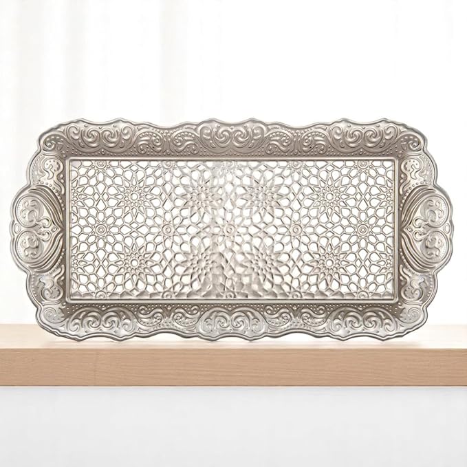 Alisveristime Small Ornate Metal Serving Tray – Ottoman Motif Decorative Tray (14.2" x 7.1", 10.8 oz) (Silver)
