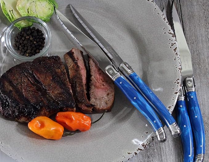 French Home Laguiole 4-Piece Steak Knife Set – Sophisticated Stainless Steel Dinner Knives with Blue Marble Handles & Iconic Bee Emblem – Serrated Knives for Smooth Cutting (9.25")