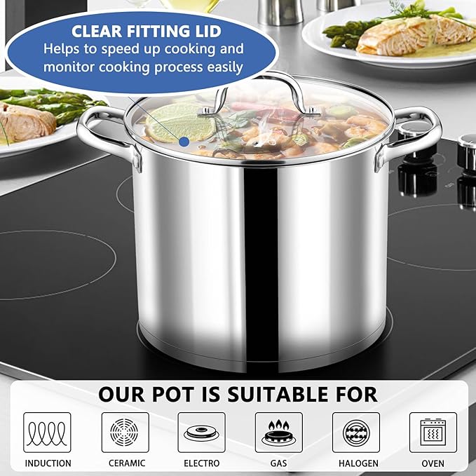 P&P CHEF 12 Quarts Cooking Stock Pot with Lid, Stainless Steel Stockpot Induction Pot for Soup, Tri-Ply Bottom & Clear Glass Lid & Double Handle, Dishwasher Safe