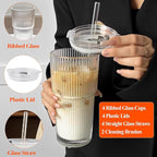 20 oz Ribbed Glass Tumblers with Lids and Straws – Set of 4 Thickened Glassware, Elegant Durable Ribbed Drinking Glasses Bulk for Iced Coffee Cups, Cocktails, Smoothies, Juice, Hot or Cold Beverages