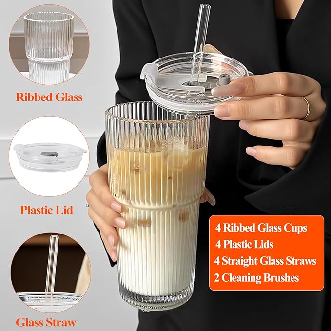 20 oz Ribbed Glass Tumblers with Lids and Straws – Set of 4 Thickened Glassware, Elegant Durable Ribbed Drinking Glasses Bulk for Iced Coffee Cups, Cocktails, Smoothies, Juice, Hot or Cold Beverages