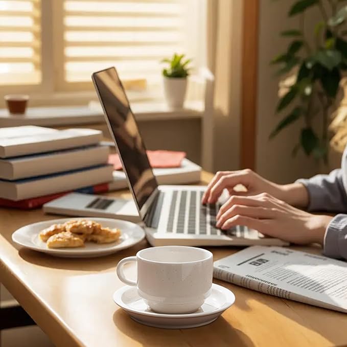 Sweese Porcelain Cappuccino Cups Set - 8 oz Stackable Coffee Mugs with Saucers, Metal Stand, Dove Grey, Set of 4