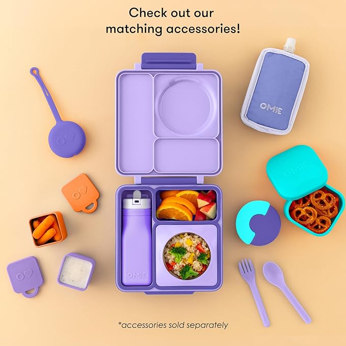 OmieBox Bento Box for Kids - Insulated Bento Lunch Box with Leak Proof Vacuum Insulated Food Jar - 3 Compartments, Two Temperature Zones (Purple Plum)