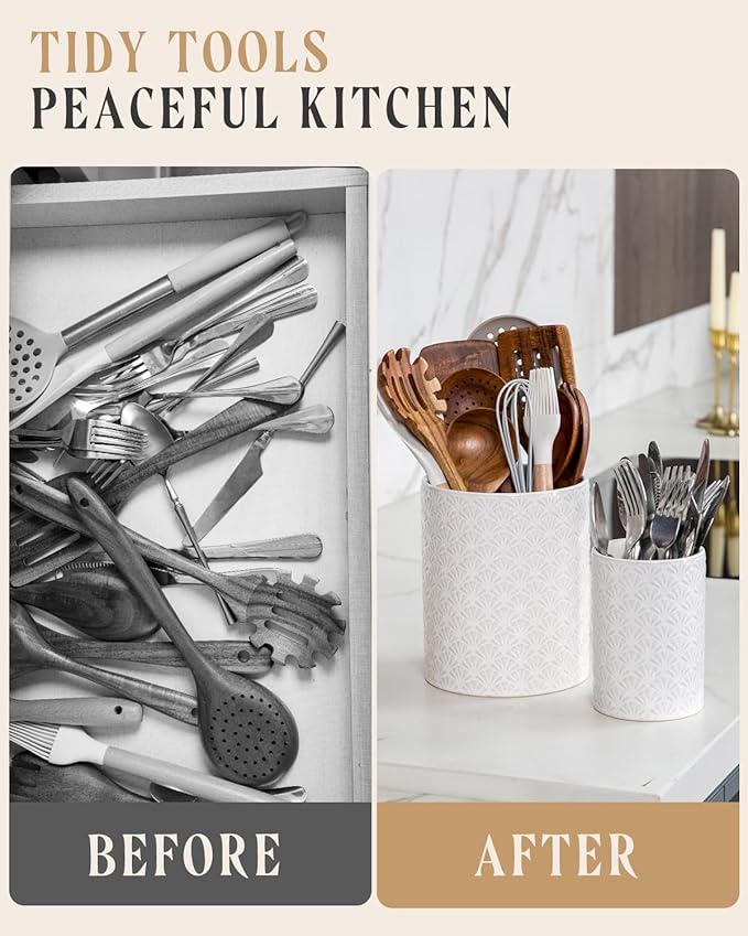 Nucookery Utensil Holder - 7.2"+5.4" Ceramic Utensil Holder for Kitchen Counter, Large Embossed Utensil Crock, Spatula Holder for Counter, Farmhouse Utensil Vase for Housewarming, Kitchen Decor