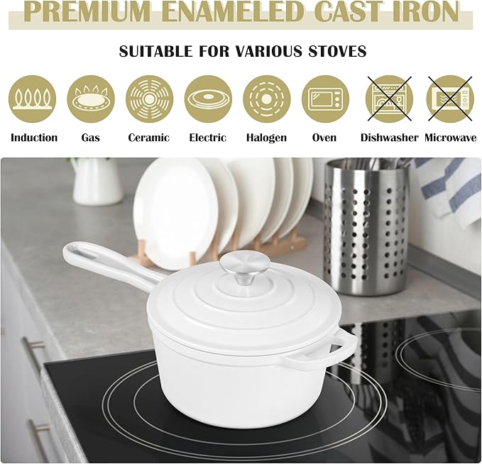 E-far Enameled Cast Iron Sauce Pan with Lid, 1 Quart Dutch Oven Saucepan, Mini Sauce Pot for Cooking, Boiling, Healthy & Non Toxic, Induction & Oven Safe, White