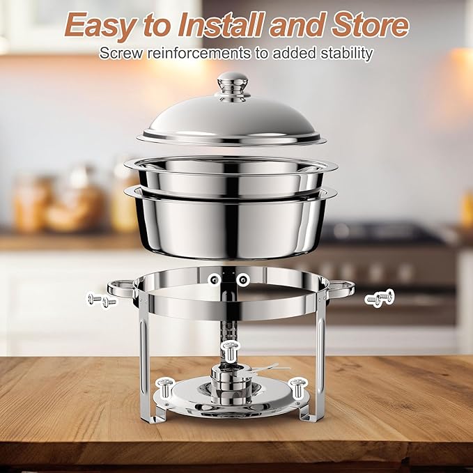4 Pack Round Chafing Dish Buffet Set,Stainless Steel 8QT Round Buffet Servers and Warmers, Thick Stand Frame Catering Chafe with Mirror Covers,Food Warmer for Party, Weddings,Picnic