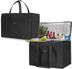 JUNGYOON 2-Pack Heavy-Duty Insulated Grocery Bags & Picnic Basket – Collapsible Cooler Bag with Zippered Top | Reusable Shopping Bags for Groceries, Picnics, Easy Storage(XXXL Black)