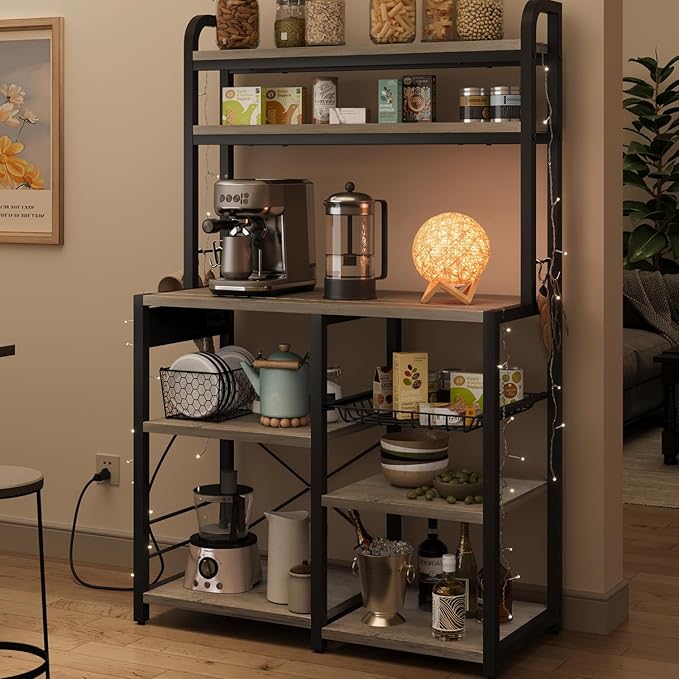 GarveeHome Microwave Stand Bakers Rack with Power Outlet, Kitchen Baker Rack with Wire Basket, 6-Tier Large Freestanding Utility Storage Shelf for Kitchen Dining Living Room, Rustic Gray