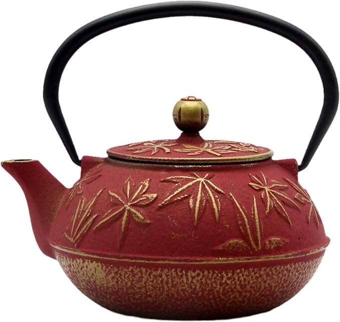 Cast Iron Teapot Tea Kettle with Stainless Steel Infuser for Stovetop Safe Coated with Enameled Interior Japanese Red Tetsubin with Maple Leaves Pattern(30.4oz/900ml)
