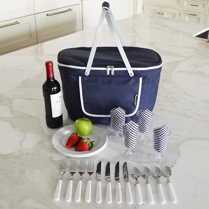 Picnic at Ascot Patented Collapsible Insulated Picnic Basket Equipped with Service For 4- Designed and Assembled in USA