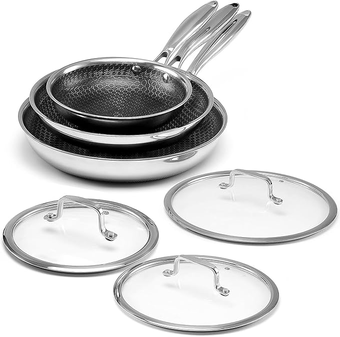 Non Stick Frying Pan Set, 8, 10 and 12-Inch Hybrid Non Toxic Fry Pan Skillet with Lids, Dishwasher and Oven Safe, Induction Ready, Silver Kitchen Cookware set (6-Piece Set)