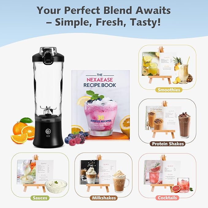 Portable Blender with Insulated Carrying Case & Recipe Book-20 OZ USB-C Rechargeable Personal Juicer for Smoothies & Protein Drinks, Mini Small Blender Cup with 6 Blades for Shakes, Travel Lid