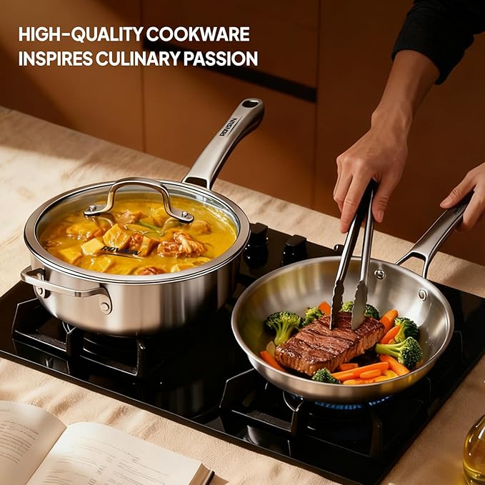 ROVSUN 11-Pcs Stainless Steel Cookware Set, Tri-Ply Pots and Pans Set, Non-Toxic Kitchen Set, PFOA & PTFE Free, Full Clad Frying Pans, Saucepans, Saute Pan & Stock Pot, Compatible for All Cooktops