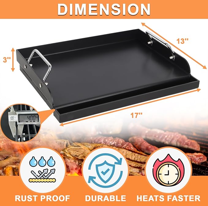 Universal Flat Top Griddle for Gas/Electric/Charcoal Grill/Stove Top BBQ Griddle Inserts, 17" x 13" Skillet for Weber Charbroil Camp Chef Nexgrill Pan Plancha Para Cocinar for Outdoor, Carbon Steel