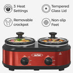 2 * 1.25 Quarts Dual Slow Cooker, Buffet Server & Warmer with 2 Removable Ceramic Pots, 3 Adjustable Temp Settings & 2 Visible Glass Lids, Stainless Steel, Red