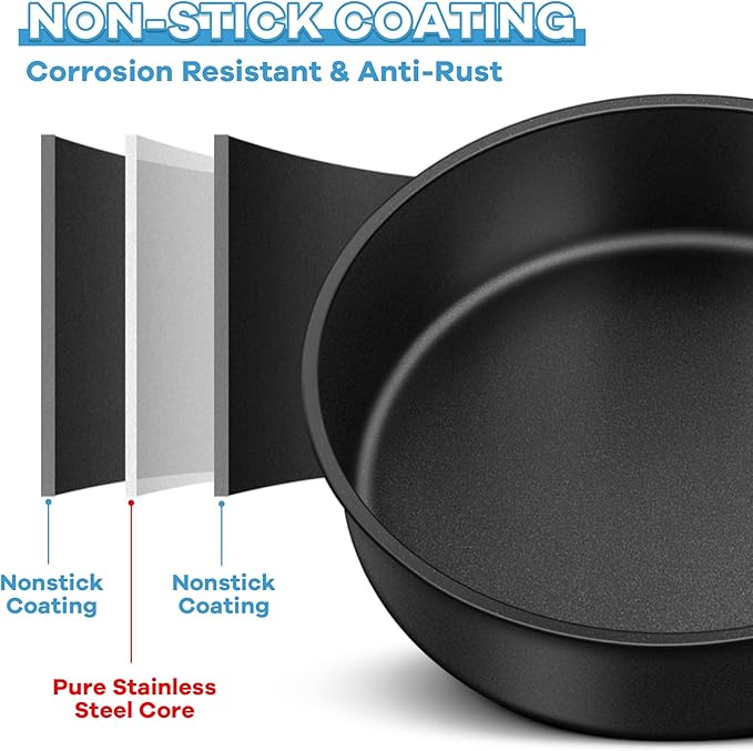 TeamFar 9½ Inch Cake Pan Set of 3, Layer Round Baking Cake Pans for Birthday Wedding Party, Stainless Steel Core & Black Nonstick Coating, Healthy & Heavy Duty, 2 Inch Deep & Easy Clean